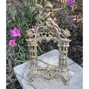 Rare Cherub Antique Ornate Cast Iron Angel Harp Picture Photo Frame 14" Fits 4x6